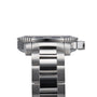 Side view of the Longines HydroConquest diving watch in stainless steel, featuring a metal link bracelet, crown, and bezel against a white background. This elegant and water-resistant timepiece combines durability with style.