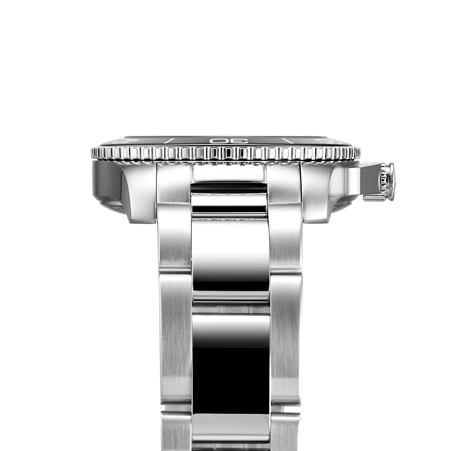 Side view of the Longines HydroConquest stainless steel wristwatch featuring a brushed metal band and visible crown, shown on a white background.