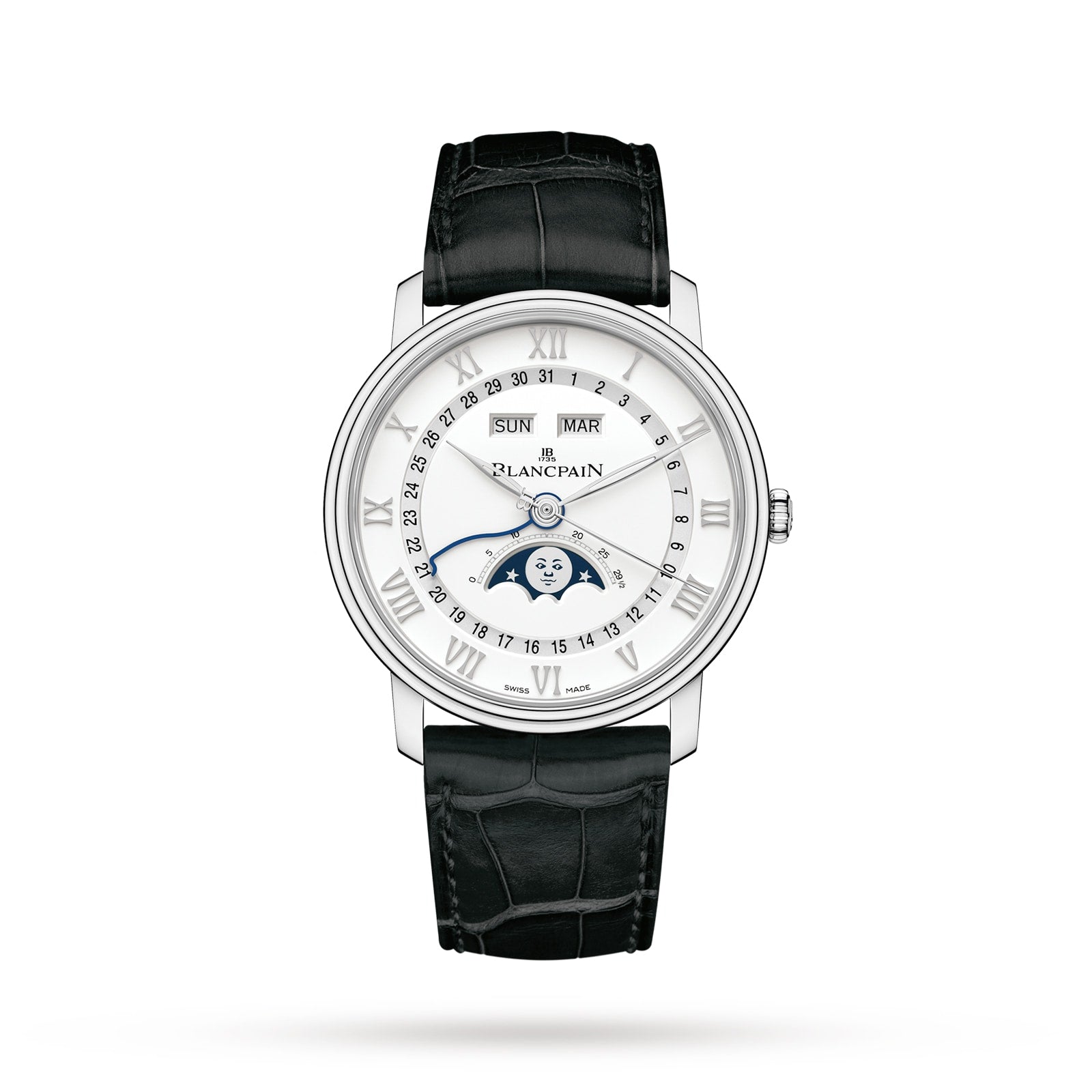 The Blancpain Villeret Quantième Complet features a white dial with Roman numerals, day and month windows, complete calendar with moon phase display, and a black leather strap.