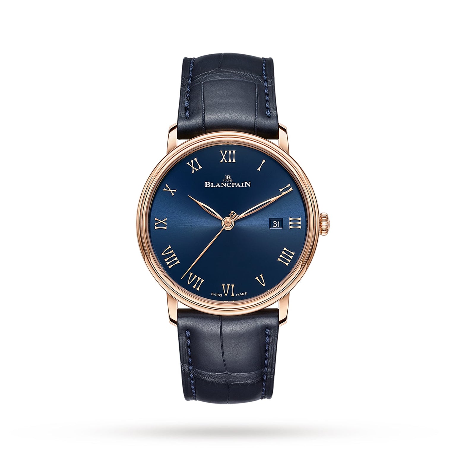 The Blancpain Villeret Ultraplate features a blue dial with Roman numerals, ultra-thin red gold case, date at 3 o’clock, and blue leather strap. The Blancpain logo is displayed on the dial.