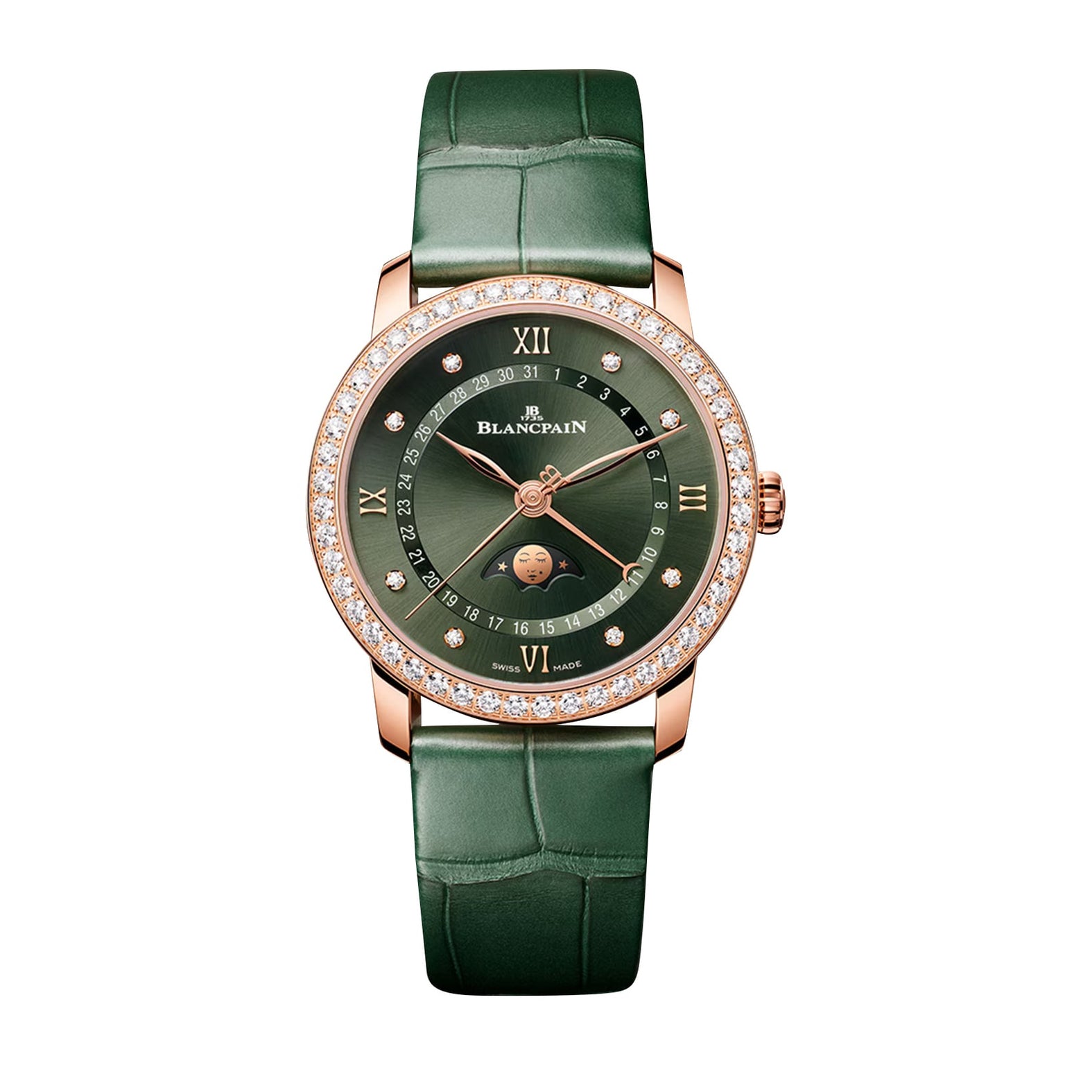 The Blancpain Villeret Quantième Phases de Lune is a luxury wristwatch featuring a green leather strap, diamond bezel, gold case, green dial with Roman numerals, moonphase display, and the Blancpain name on the face.
