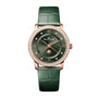 The Blancpain Villeret Quantième Phases de Lune is a luxury wristwatch featuring a green leather strap, diamond bezel, gold case, green dial with Roman numerals, moonphase display, and the Blancpain name on the face.