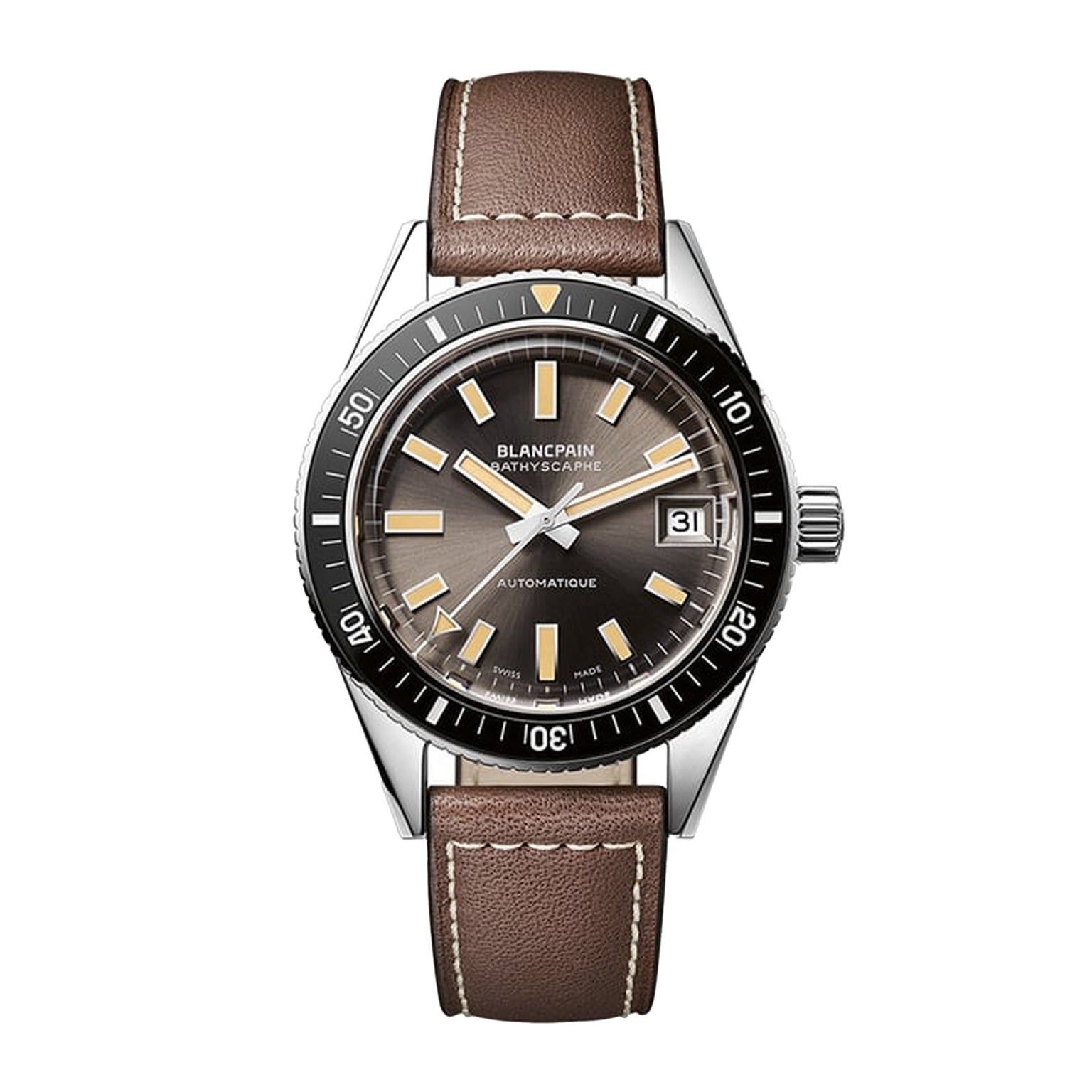 Fifty Fathoms Bathyscaphe | 37mm, Leather Strap, Grey Dial