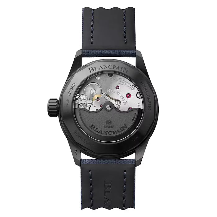 Blancpain Fifty Fathoms Bathyscaphe watch with black case, sunburst blue dial, and blue canvas strap, shown from rear display