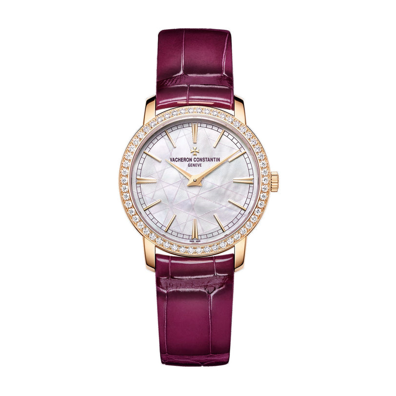A limited edition Vacheron Constantin Traditionnelle Manual-winding in 18K pink gold, with a diamond bezel, mother-of-pearl dial, gold hour markers, and a burgundy leather strap.