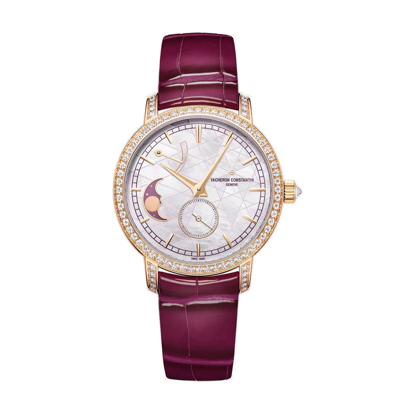 The Vacheron Constantin Traditionnelle Moon Phase in pink gold features a diamond bezel, mother-of-pearl dial, moon phase display, and a burgundy leather strap.