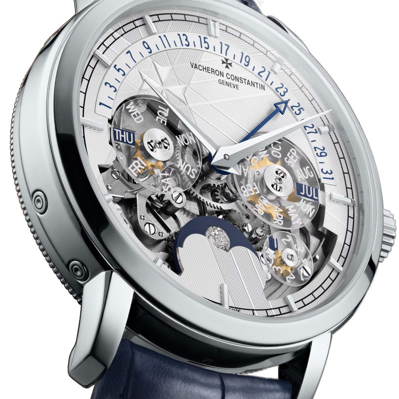 Close-up of a Vacheron Constantin Traditionnelle Perpetual Calendar Retrograde Date Openface watch, featuring a transparent dial that reveals intricate gears, multiple date and day indicators, and a blue strap.