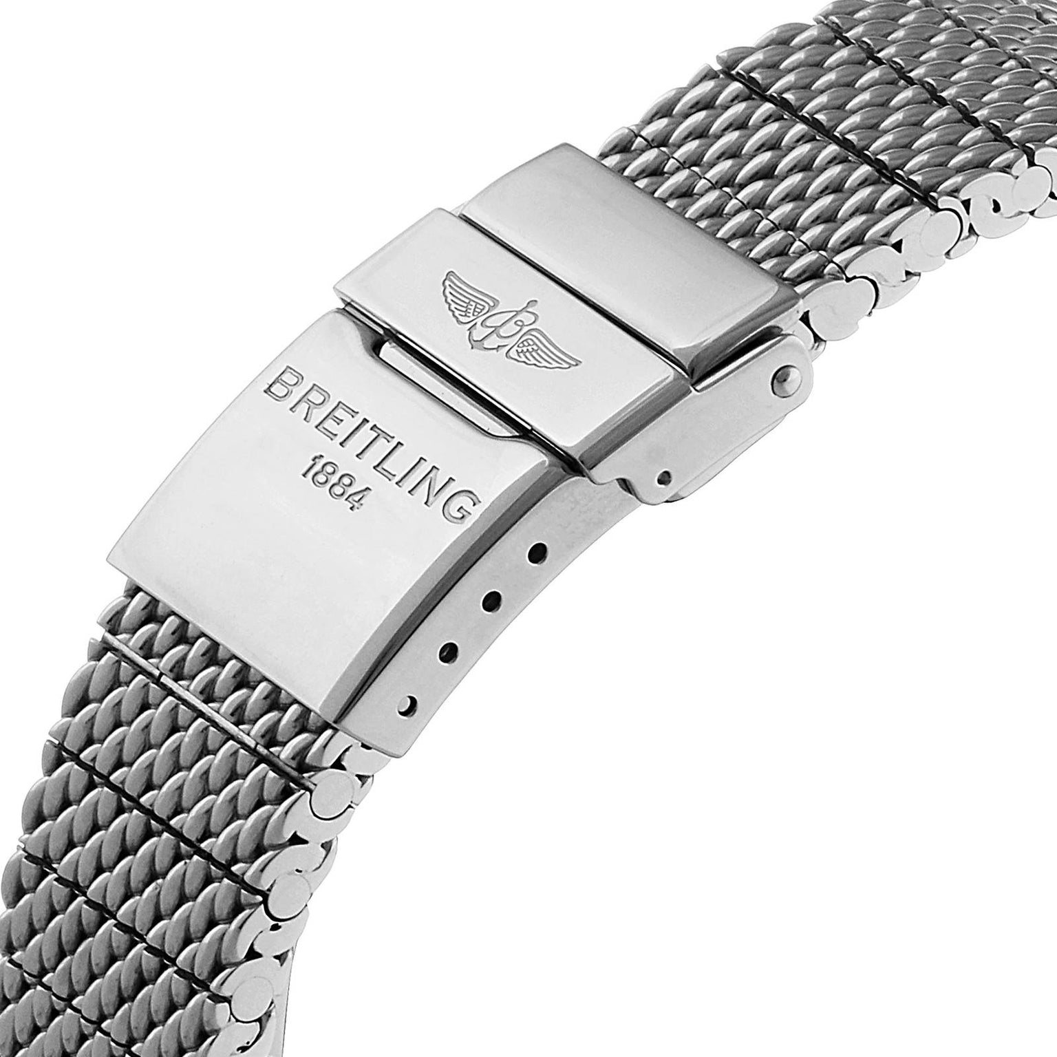 Close-up of a stainless steel Breitling Superocean Heritage B20 Automatic 42 clasp engraved with BREITLING 1884 and a winged logo.