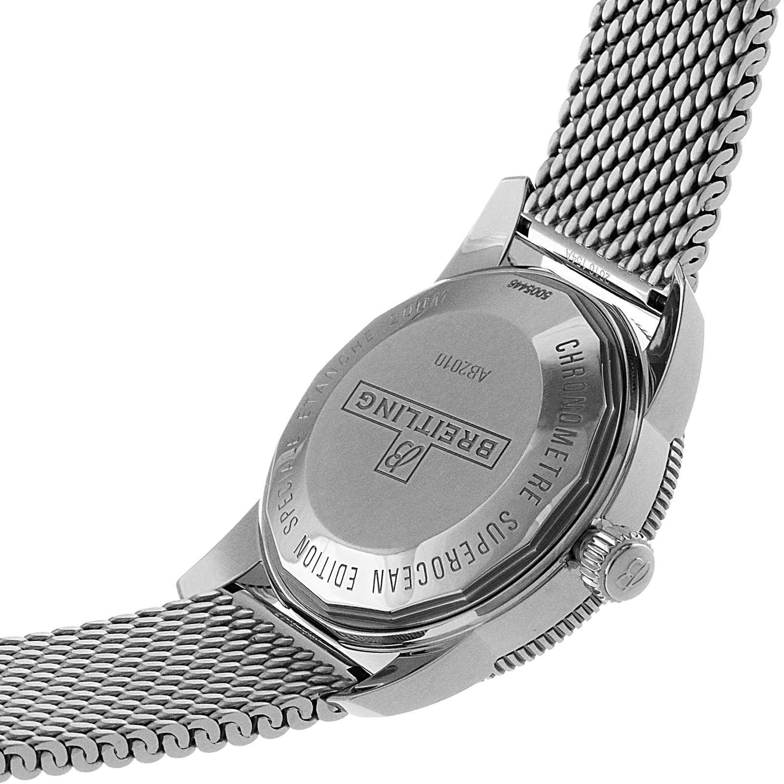 Back view of the Breitling Superocean Heritage B20 Automatic 42, featuring a stainless steel bracelet and engraved branding with watch details on the case back.
