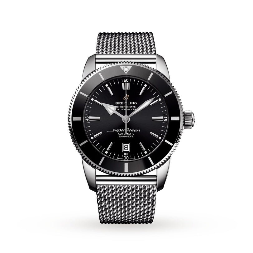 The Breitling Superocean Heritage B20 Automatic 46 features a 46mm stainless steel case, black dial with silver hour markers, date display, and a stainless steel mesh bracelet, shown on a white background.