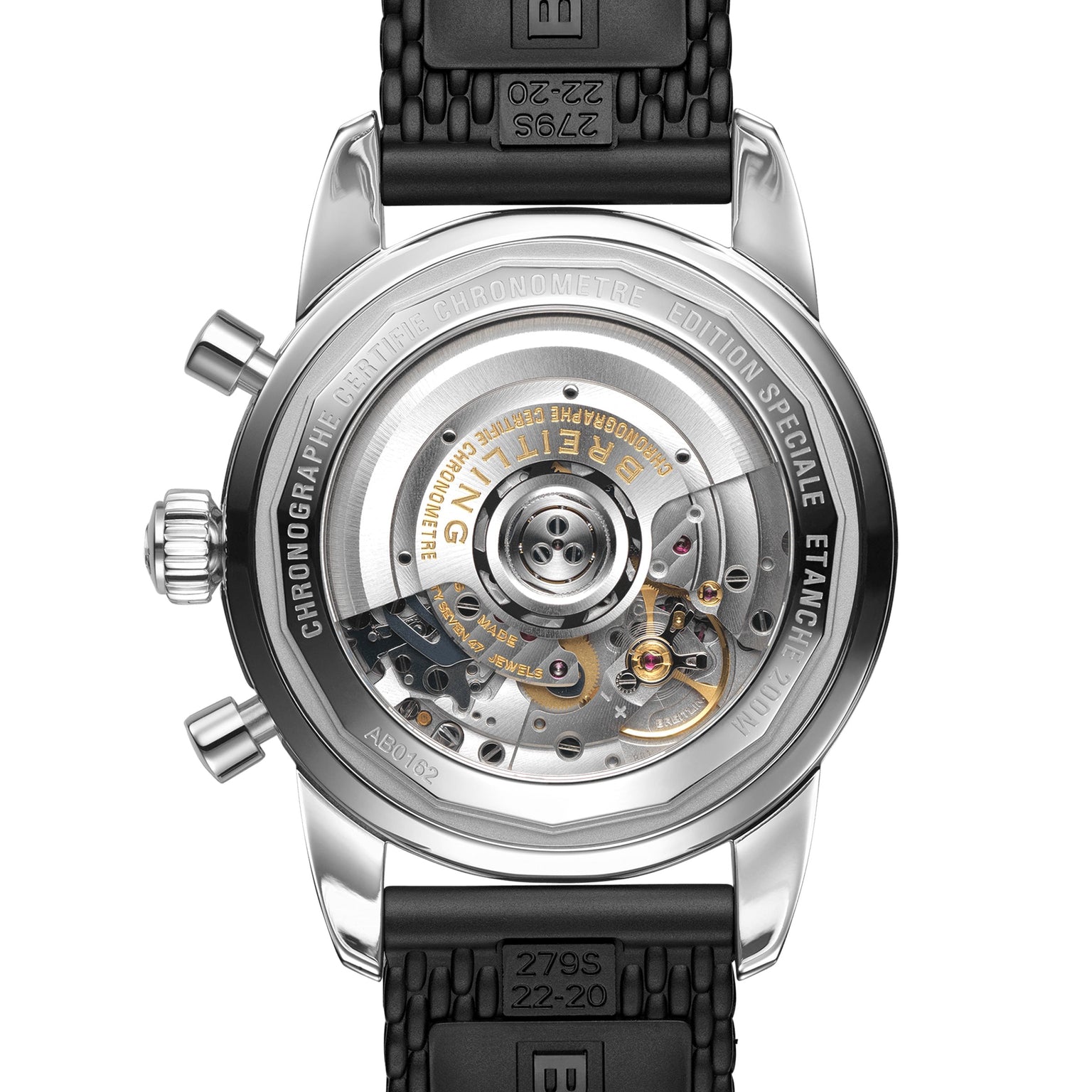 Back view of the Breitling Superocean Heritage B01 Chronograph 44, featuring a transparent case that reveals the intricate movement and engraved rim details; this elegant timepiece is water resistant.