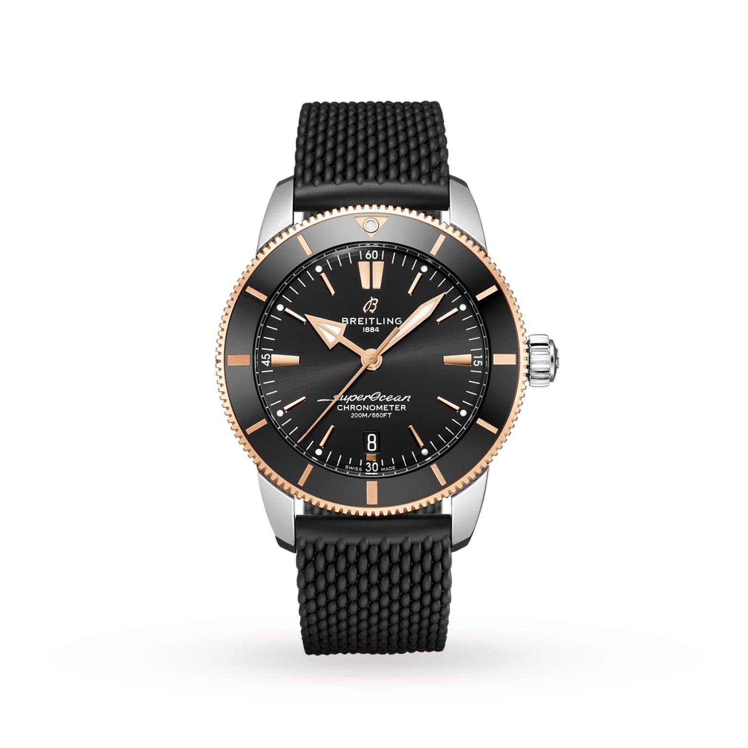 A Breitling Superocean Heritage B20 Automatic 44 wristwatch with a black dial, gold bezel, textured strap, luminescent hands, silver markers, and date at 6 o’clock is displayed against a plain white background.