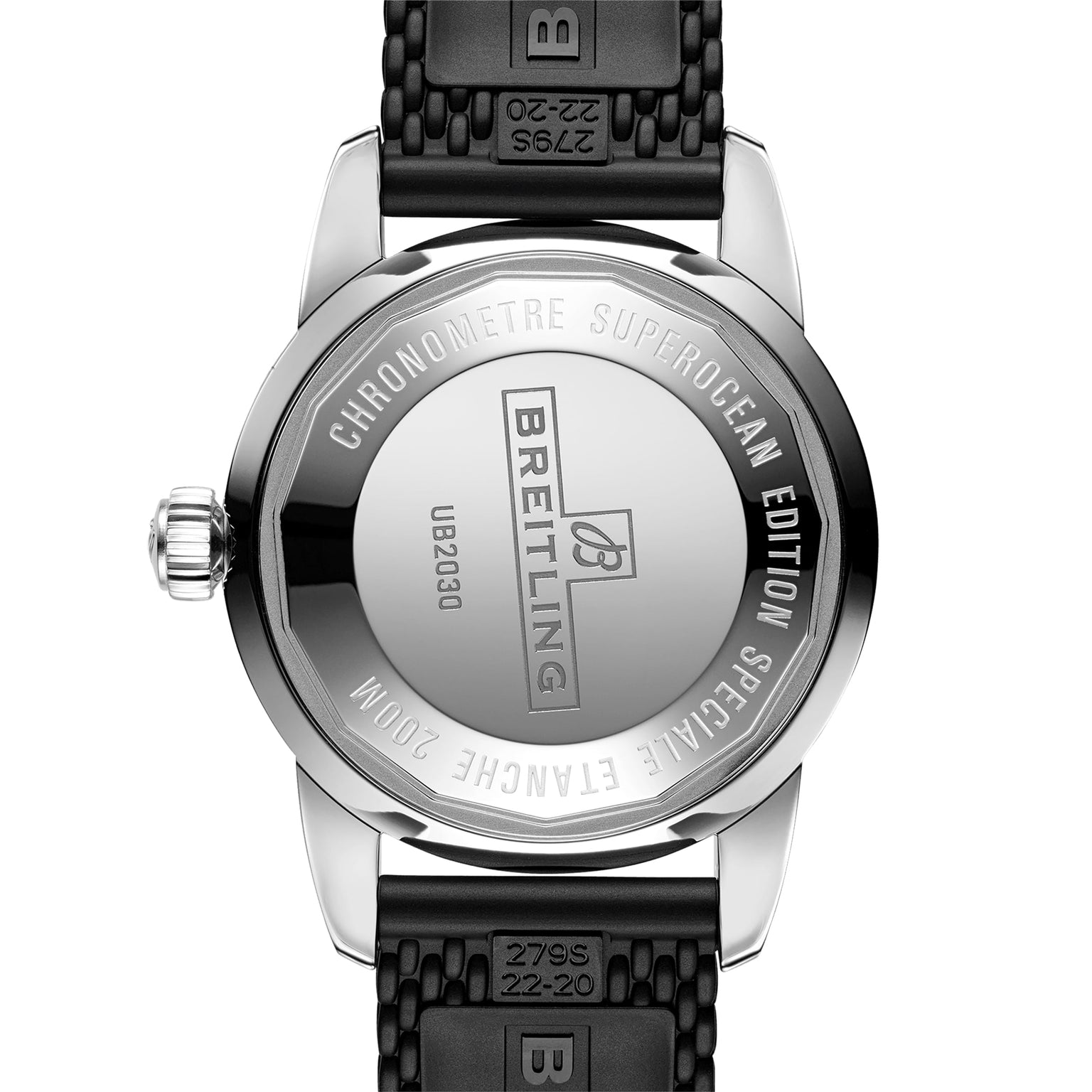 The back of the Breitling Superocean Heritage B20 Automatic 44 features engraved branding, model details, and a black rubber strap, emphasizing its water resistance and classic design.