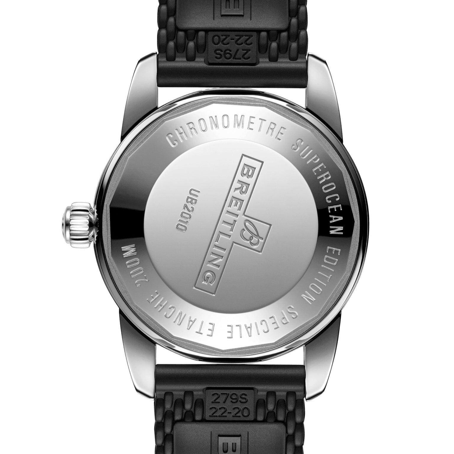 The Breitling Superocean Heritage B20 Automatic 42 displays engraved details like the logo and model number on its back, features a black rubber strap, is water resistant, and runs on the Breitling B20 automatic movement.