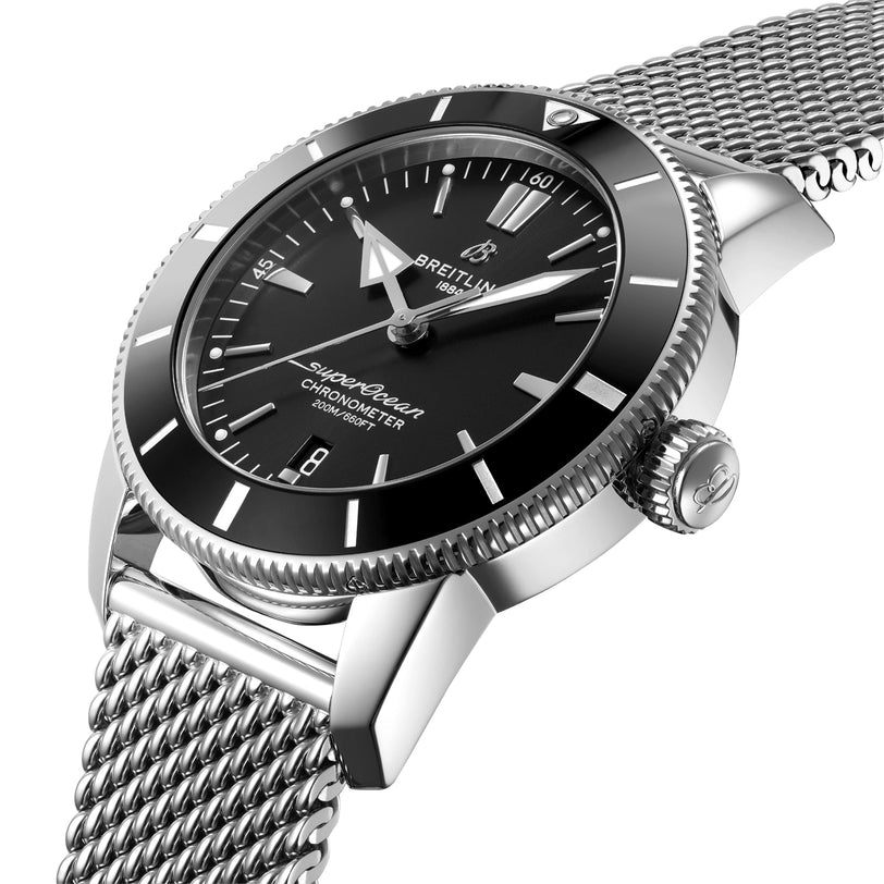 Close-up of the Breitling Superocean Heritage B20 Automatic 44, featuring a black dial, date display, stainless steel bracelet, and powered by the Breitling B20 calibre.