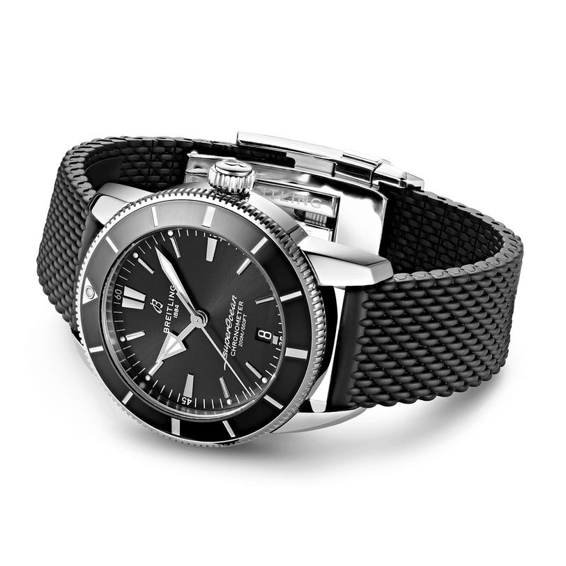 The Breitling Superocean Heritage B20 Automatic 44 features a 44mm stainless steel case, black dial with white markers, date at 3 o’clock, and a black rubber strap. It is powered by the precise Breitling B20 calibre.