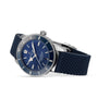The Breitling Superocean Heritage B20 Automatic 44 features a stainless steel case, blue textured rubber strap, blue dial, silver hour markers, and a date window at 3 oclock—an iconic diver’s watch powered by the Breitling 20 calibre.