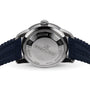 The back of the Breitling Superocean Heritage B20 Automatic 44 is shown, featuring engraved text highlighting its 200M water resistance and celebrated diver’s watch heritage, paired with a blue braided strap.