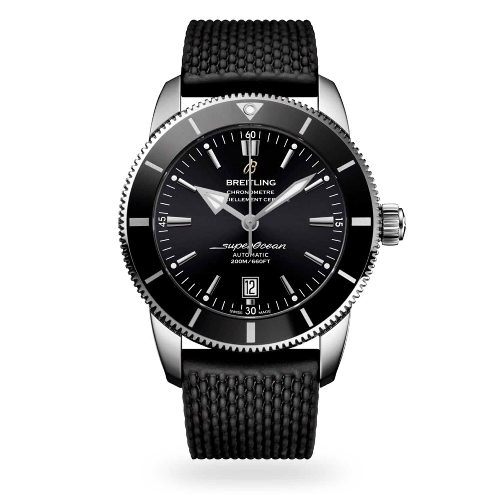 A Breitling Superocean Heritage B20 Automatic 46 wristwatch with a 46mm stainless steel case, black textured strap, silver bezel, and white markers is shown on a white background.