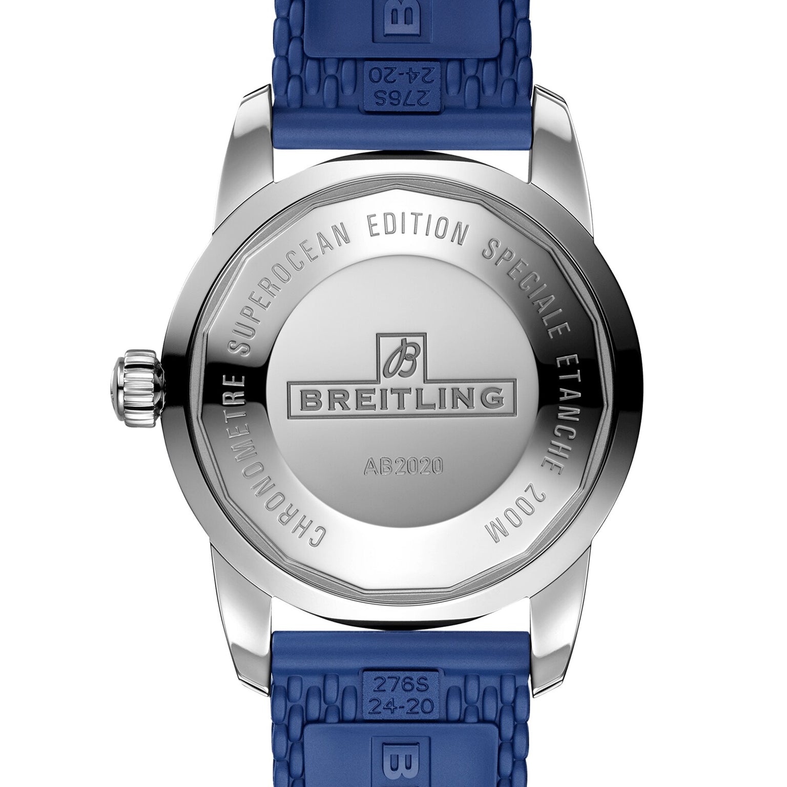 The back of a Breitling Superocean Heritage B20 Automatic 46 with a blue strap features engraved branding, 200M water resistance, chronometer certification, and luminescent hands for improved visibility.
