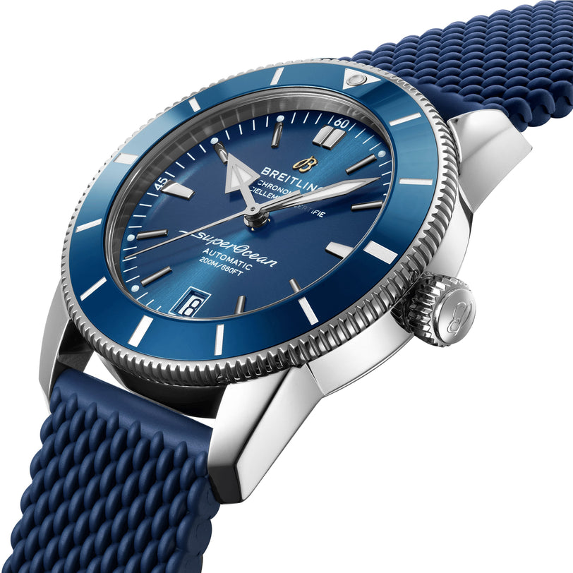A close-up of the Breitling Superocean Heritage B20 Automatic 42, featuring a blue dial, 42mm stainless steel case, and blue textured rubber strap, powered by the Breitling B20 calibre.
