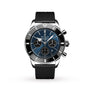 The Breitling Superocean Heritage B01 Chronograph 44 features a blue dial with three subdials, black bezel, textured black rubber strap, the renowned Breitling 01 calibre, and superb water resistance. Photographed on white.