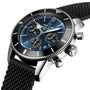 Close-up of the Breitling Superocean Heritage B01 Chronograph 44, featuring a blue dial, black bezel, black mesh strap, and water resistance, powered by the precise Breitling 01 calibre.