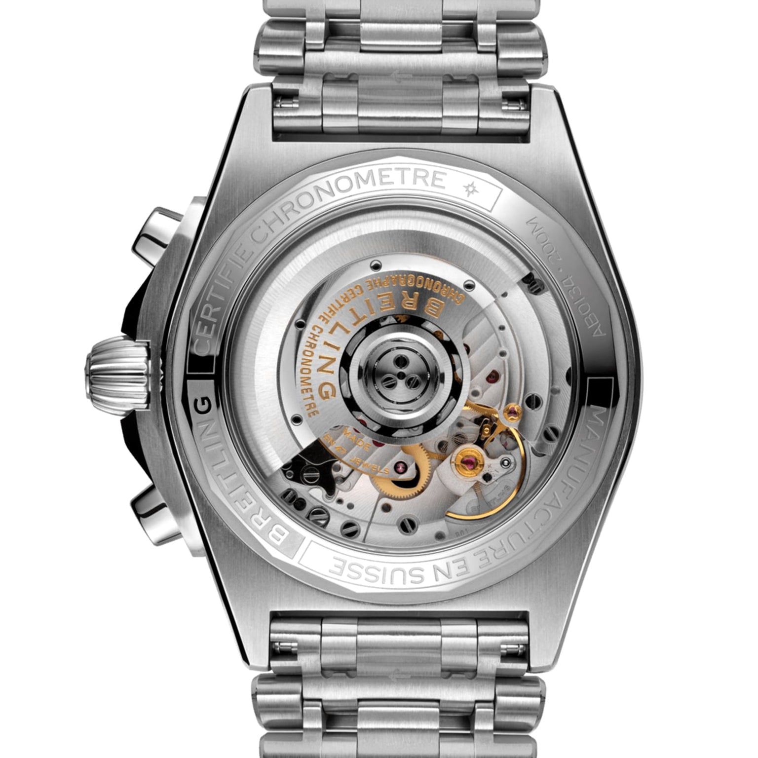 Close-up of the back of a Breitling Chronomat B01 42 wristwatch, showcasing its intricate Breitling 01 mechanical movement through a transparent case back.