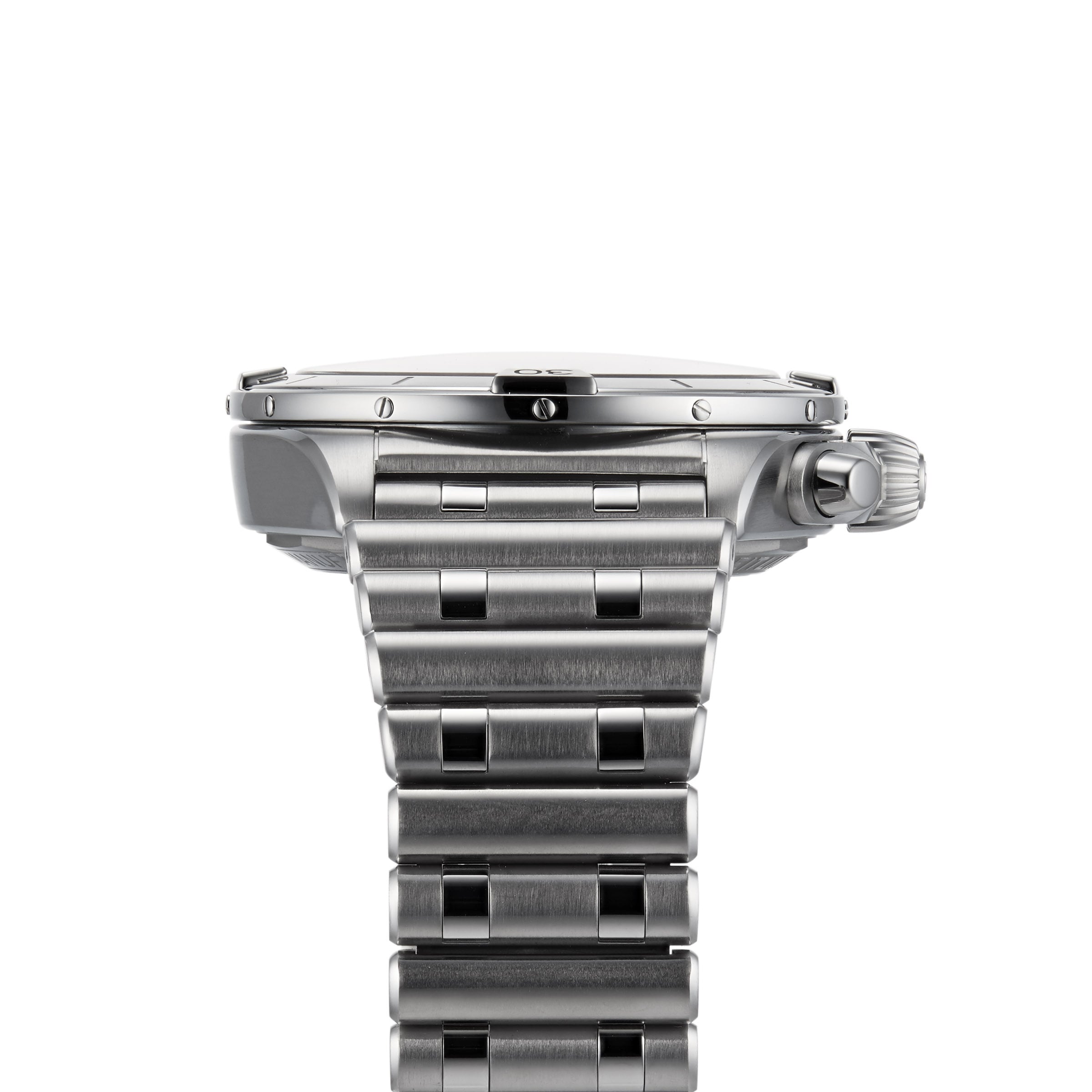 A close-up side view of the Breitling Chronomat B01 42 wristwatch, featuring a stainless steel case, metal link bracelet, visible crown, and bezel screws, shown on a white background.