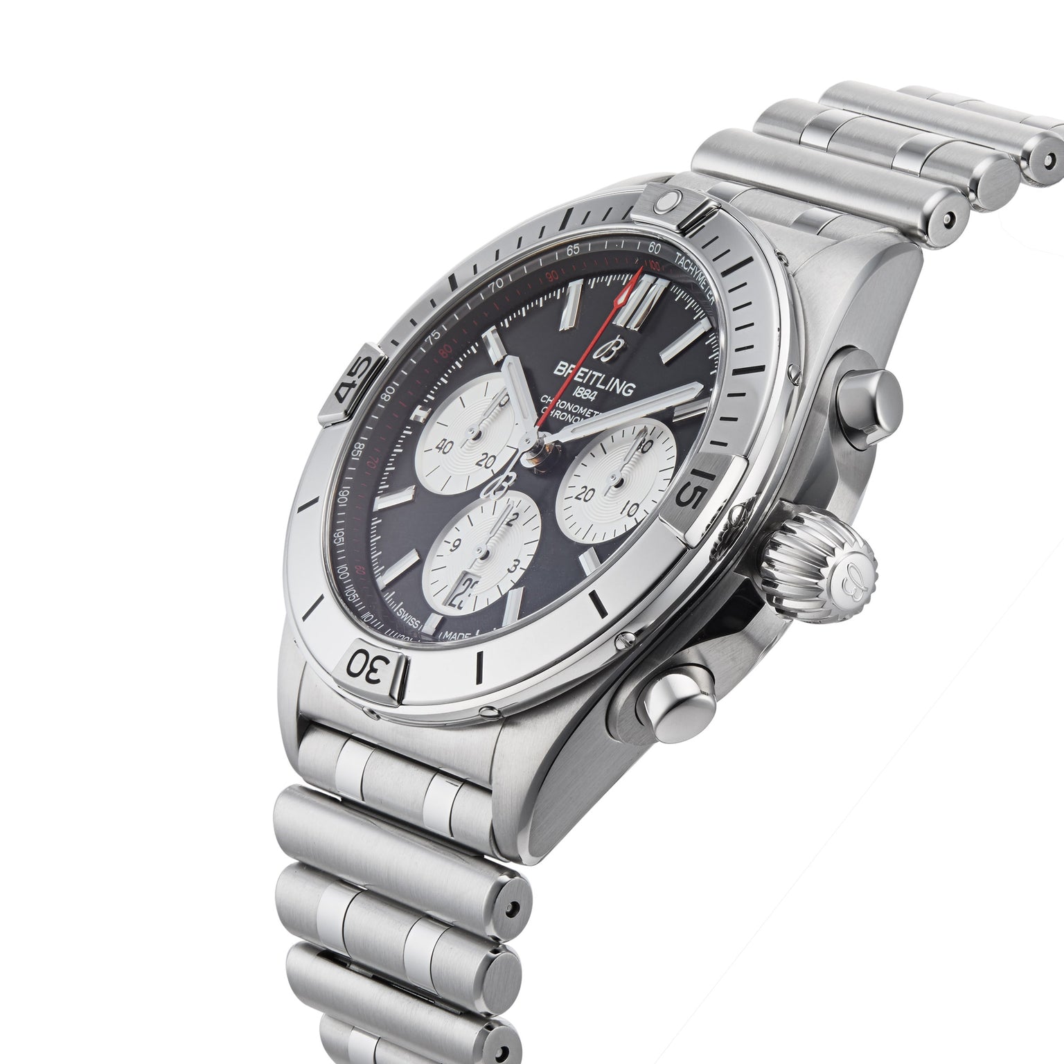 The Breitling Chronomat B01 42 is a mechanical watch featuring a stainless steel case, black dial with three subdials, silver hour markers, and a metal link bracelet, displayed at an angle.