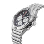 The Breitling Chronomat B01 42 is a mechanical watch featuring a stainless steel case, black dial with three subdials, silver hour markers, and a metal link bracelet, displayed at an angle.