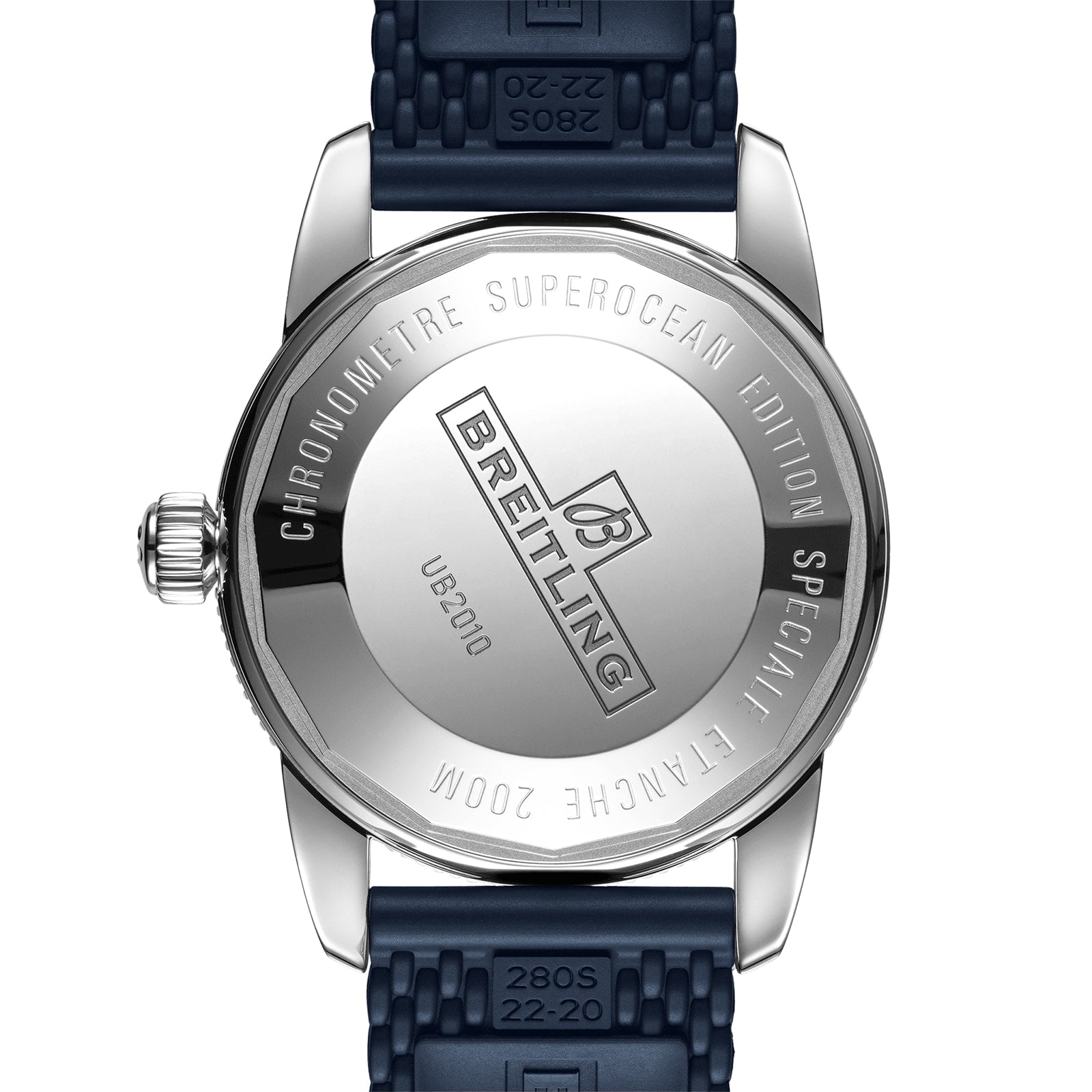The back of the Breitling Superocean Heritage B20 Automatic 42 displays engraved text and a logo, paired with a blue rubber strap and refined 18K red gold case for an elegant look.