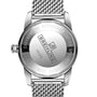 Back view of the Breitling Superocean Heritage B20 Automatic 42 shows caseback engravings, stainless steel mesh strap, and branding, highlighting its water-resistant design.