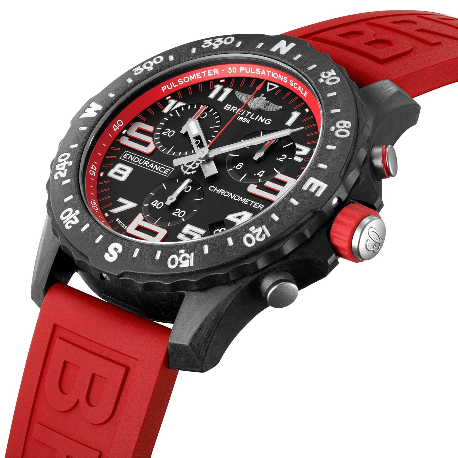 Close-up of the Breitling Endurance Pro 44, an athleisure watch featuring a black dial with red accents, a red rubber strap, Breitlight® case, white numerals on the bezel, and a pulsometer scale on its SuperQuartz™ chronograph.