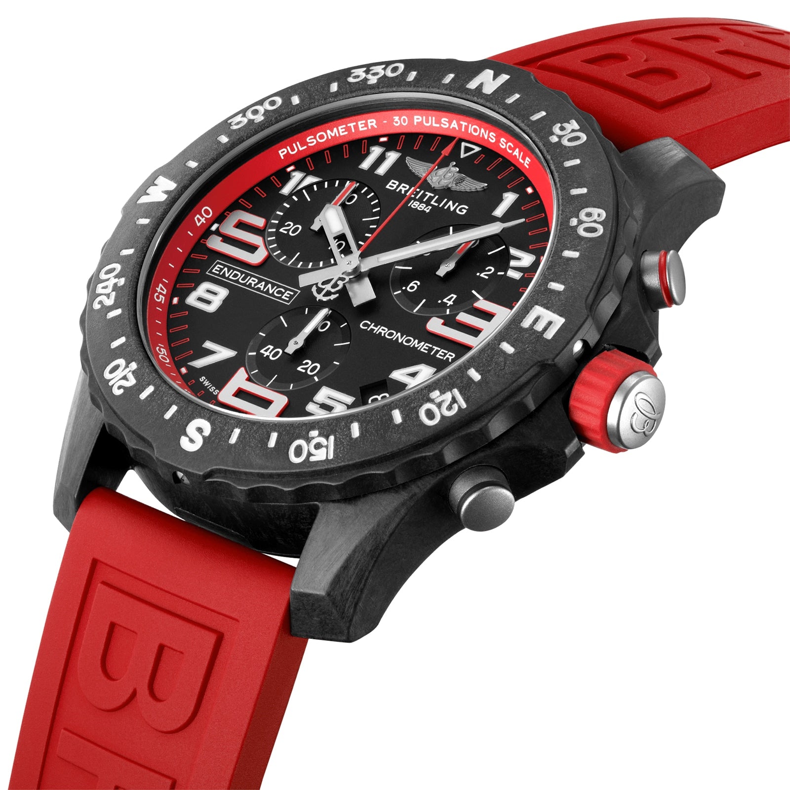 Close-up of the Breitling Endurance Pro 44, an athleisure watch featuring a black dial with red accents, a red rubber strap, Breitlight® case, white numerals on the bezel, and a pulsometer scale on its SuperQuartz™ chronograph.