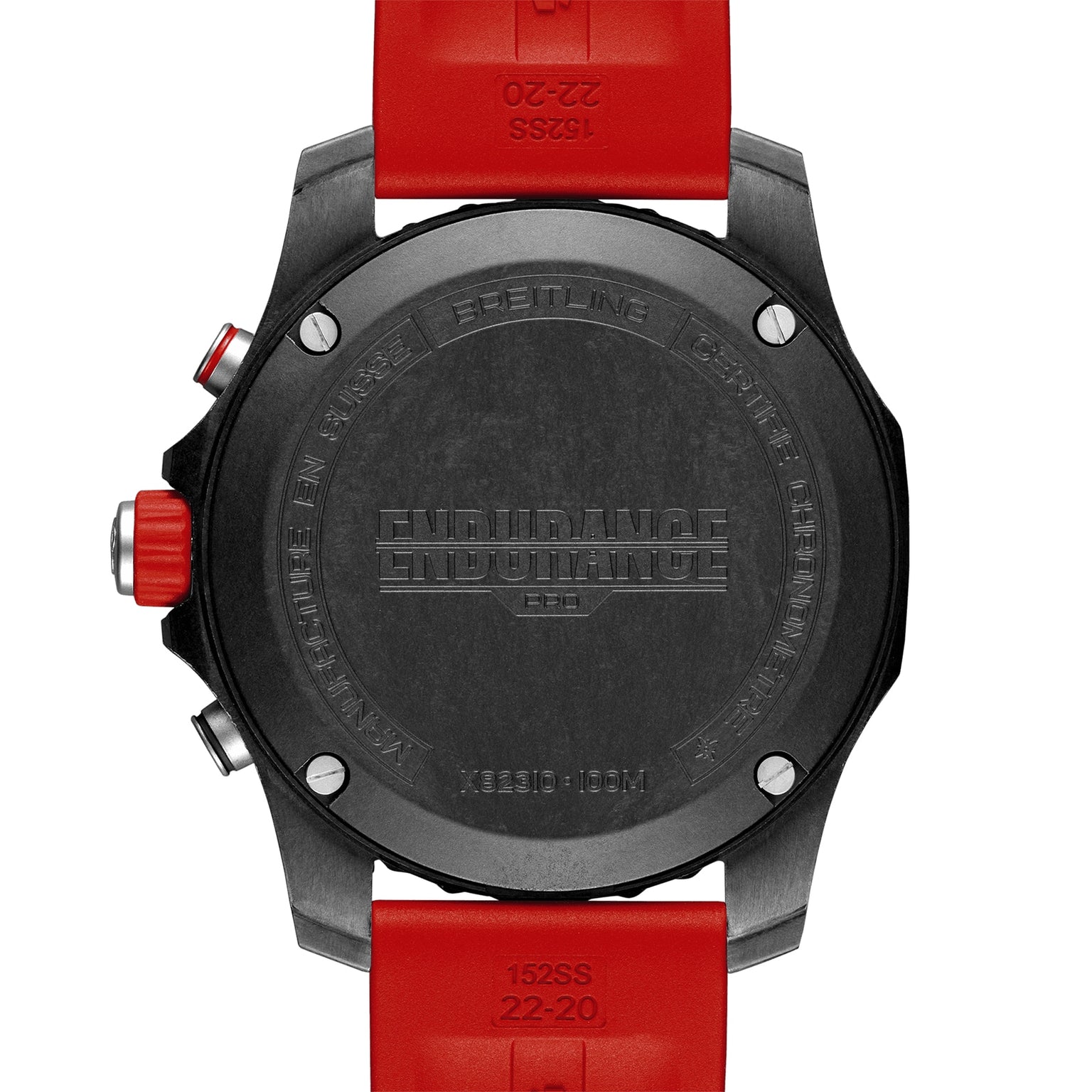 The back of a Breitling Endurance Pro 44 watch with a black case and red strap displays engraved branding and specifications.
