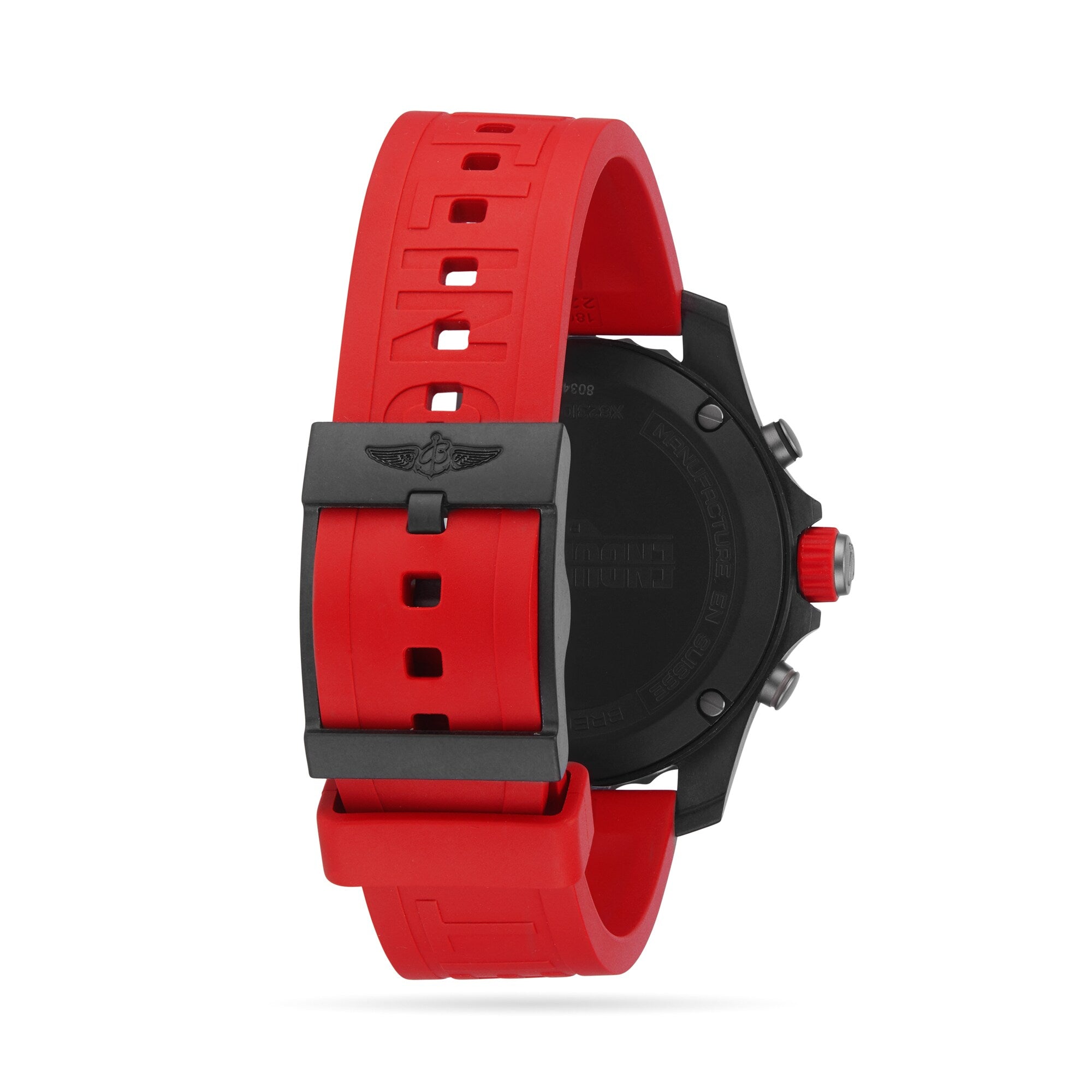 The Breitling Endurance Pro 44 is a sporty athleisure watch featuring a red silicone strap, black buckle, and durable black Breitlight® case shown from the back.