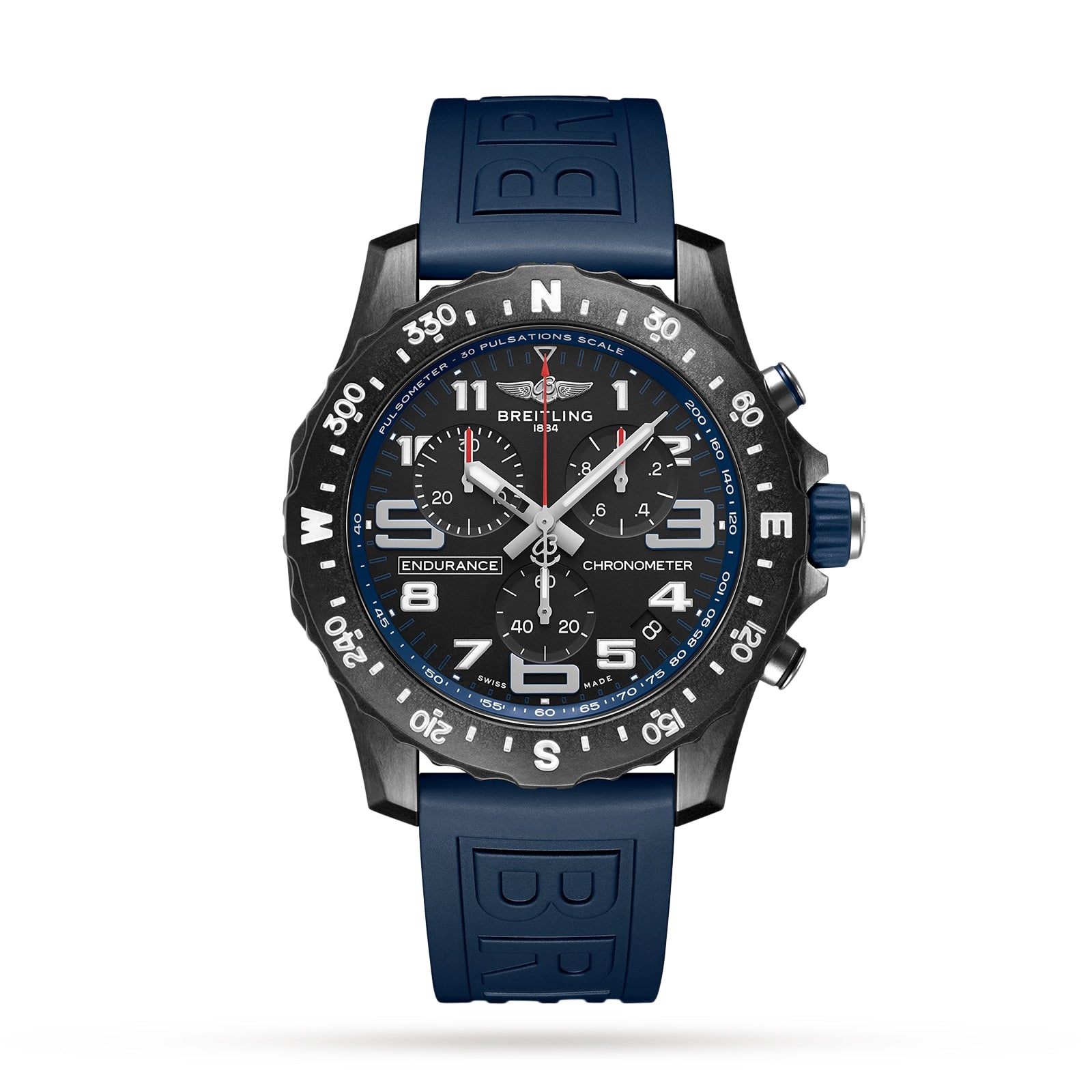 The Breitling Endurance Pro 44 is an athleisure watch featuring a black dial, blue rubber strap, white numerals, and multiple subdials. Its Breitlight® bezel displays cardinal directions and numbers for the SuperQuartz™ chronograph.