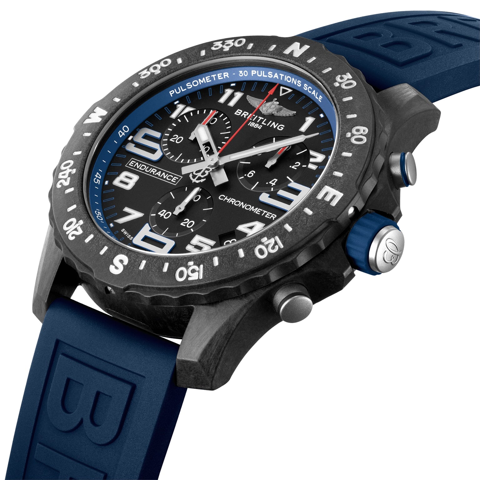 Close-up of the Breitling Endurance Pro 44 athleisure watch, showcasing a Breitlight® case, black dial, blue rubber strap, and pulsometer scale on the bezel.