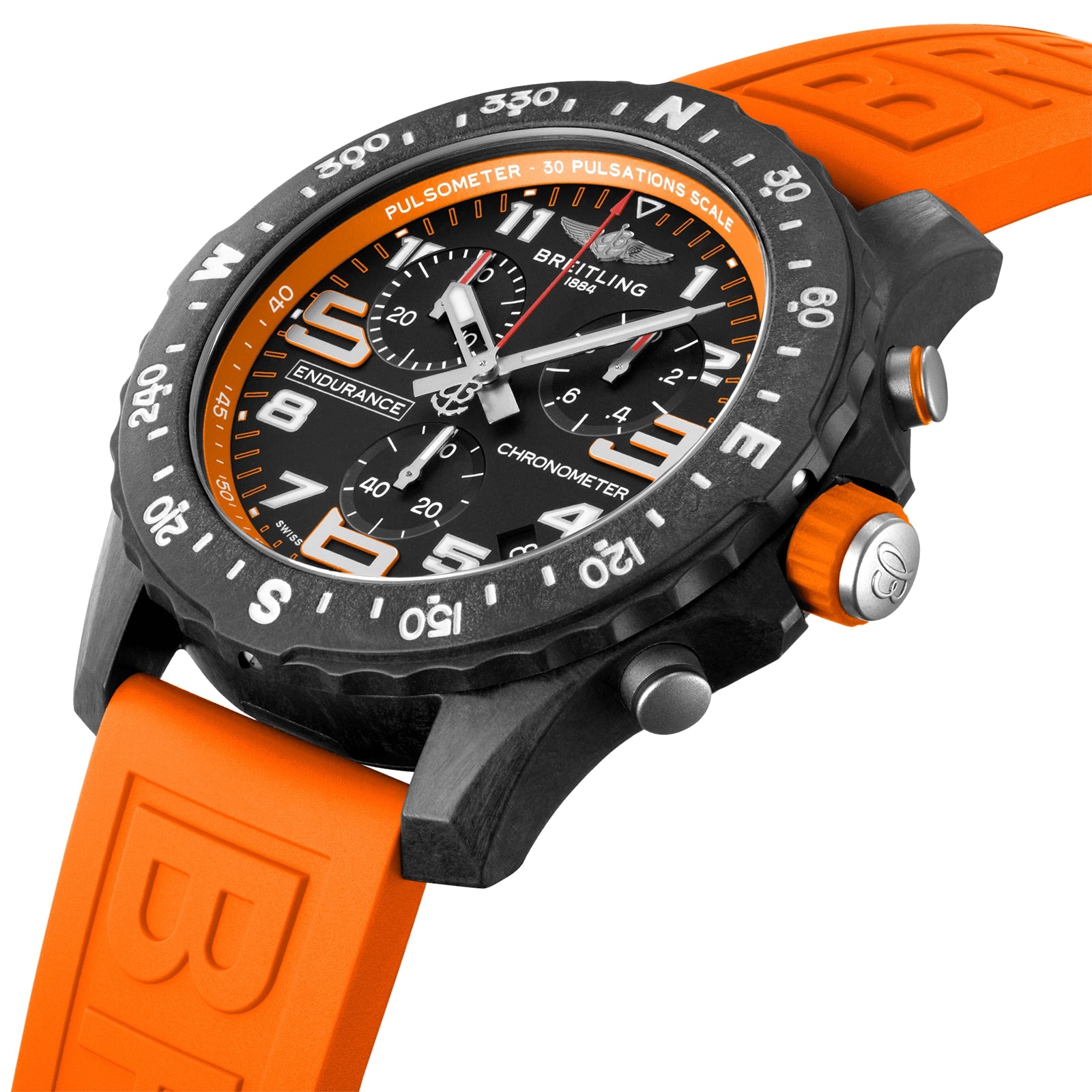 The Breitling Endurance Pro 44 is an orange and black athleisure watch with a Breitlight® case, SuperQuartz™ chronograph movement, rubber strap, pulsometer scale, and rotating bezel.