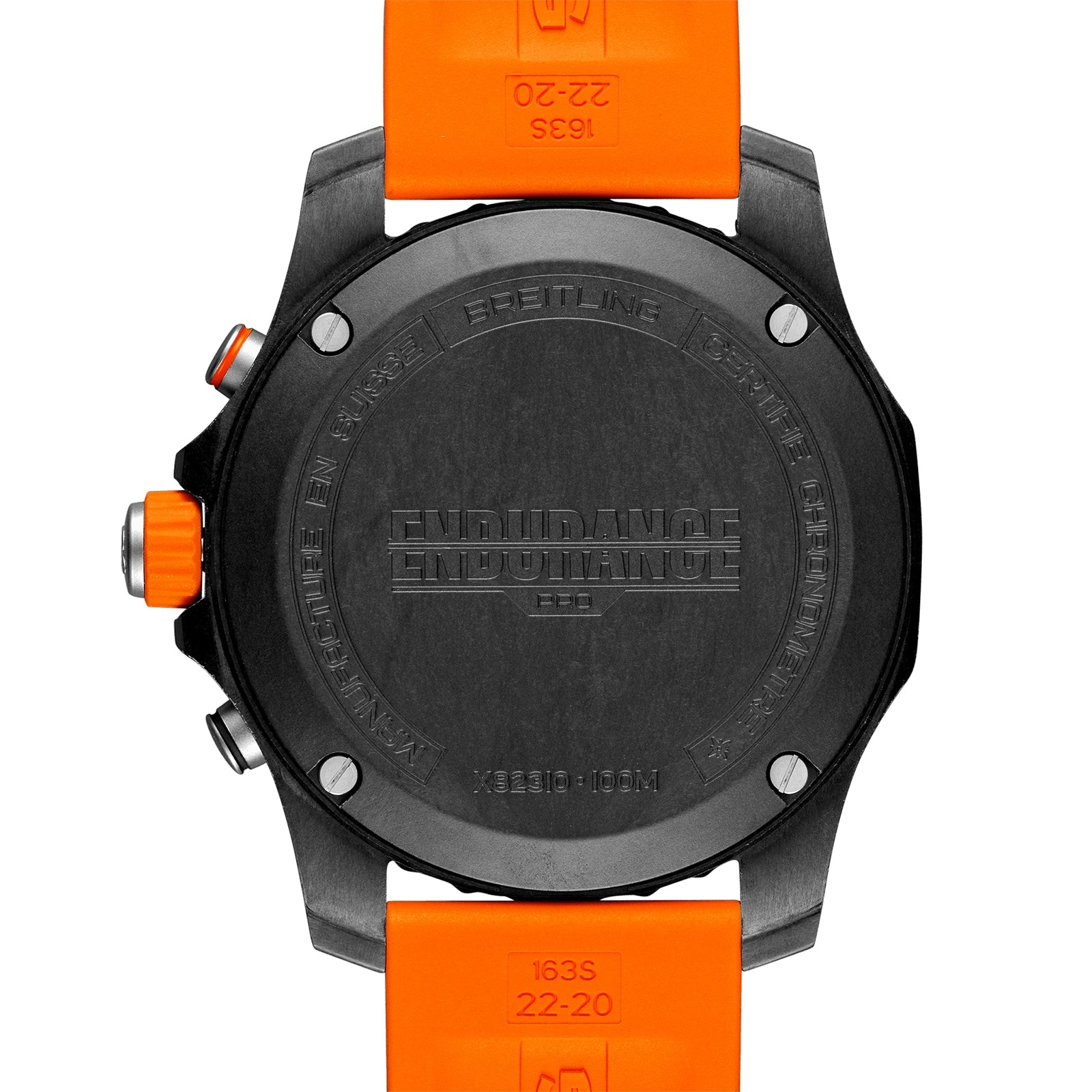 Back view of the Breitling Endurance Pro 44 athleisure watch in black with orange straps, showcasing an engraved Breitlight® case and detailed branding and markings on the caseback.