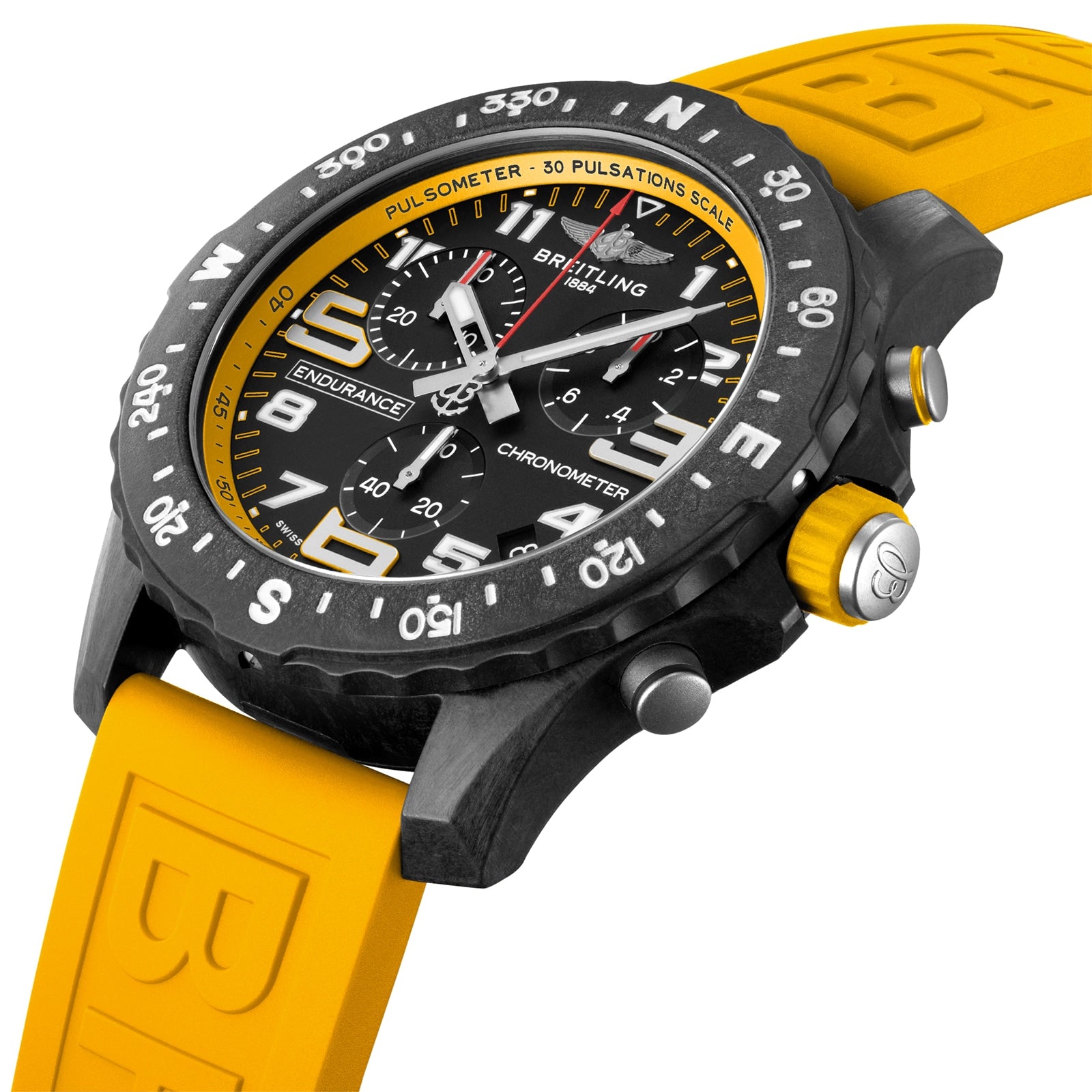 Close-up of the Breitling Endurance Pro 44 athleisure watch, featuring a black dial with yellow accents, a yellow rubber strap, and a Swiss-made Breitlight bezel with pulsometer and compass markings.