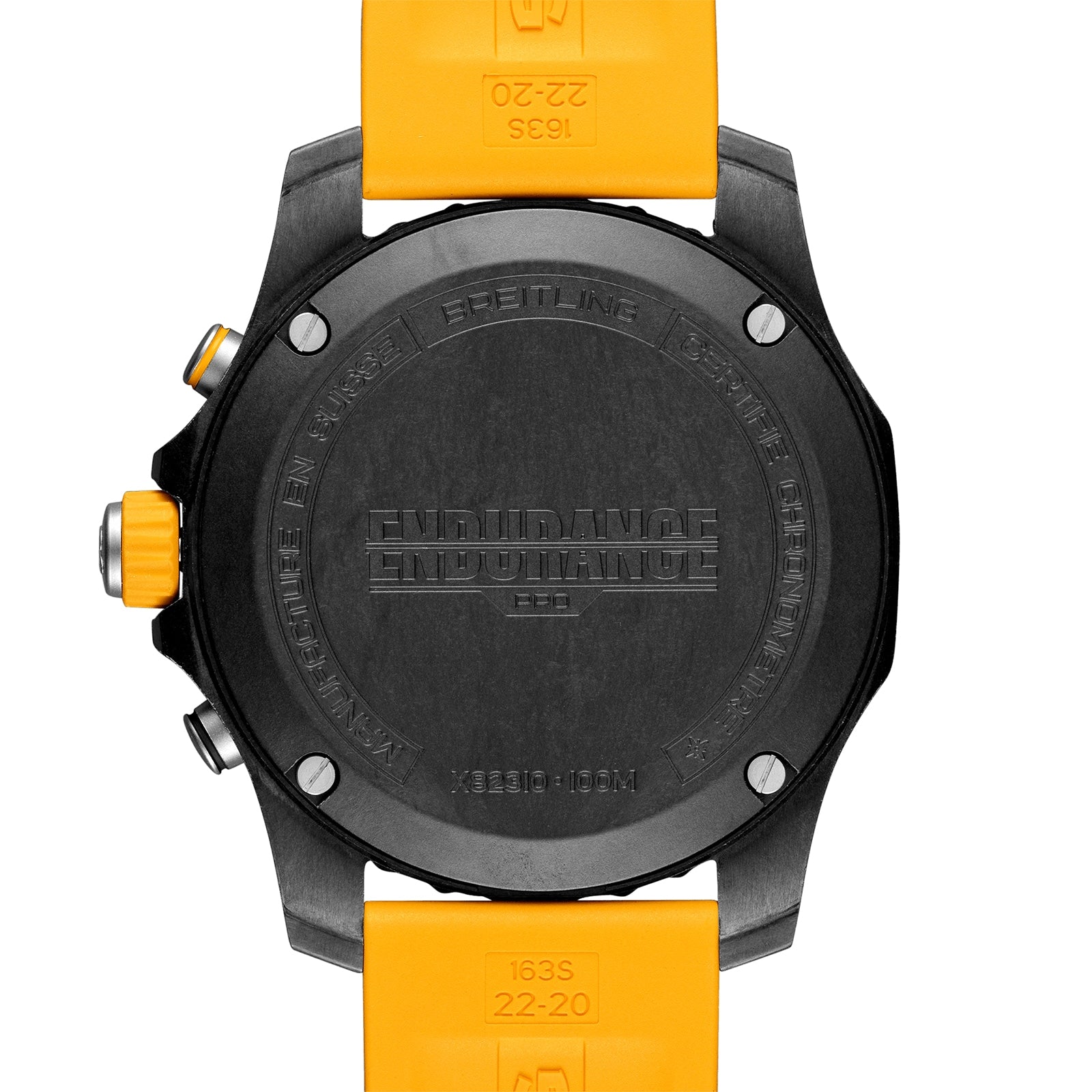 Back view of the Breitling Endurance Pro 44 athleisure watch featuring a black Swiss-made Breitlight case, engraved caseback, and a yellow rubber strap.