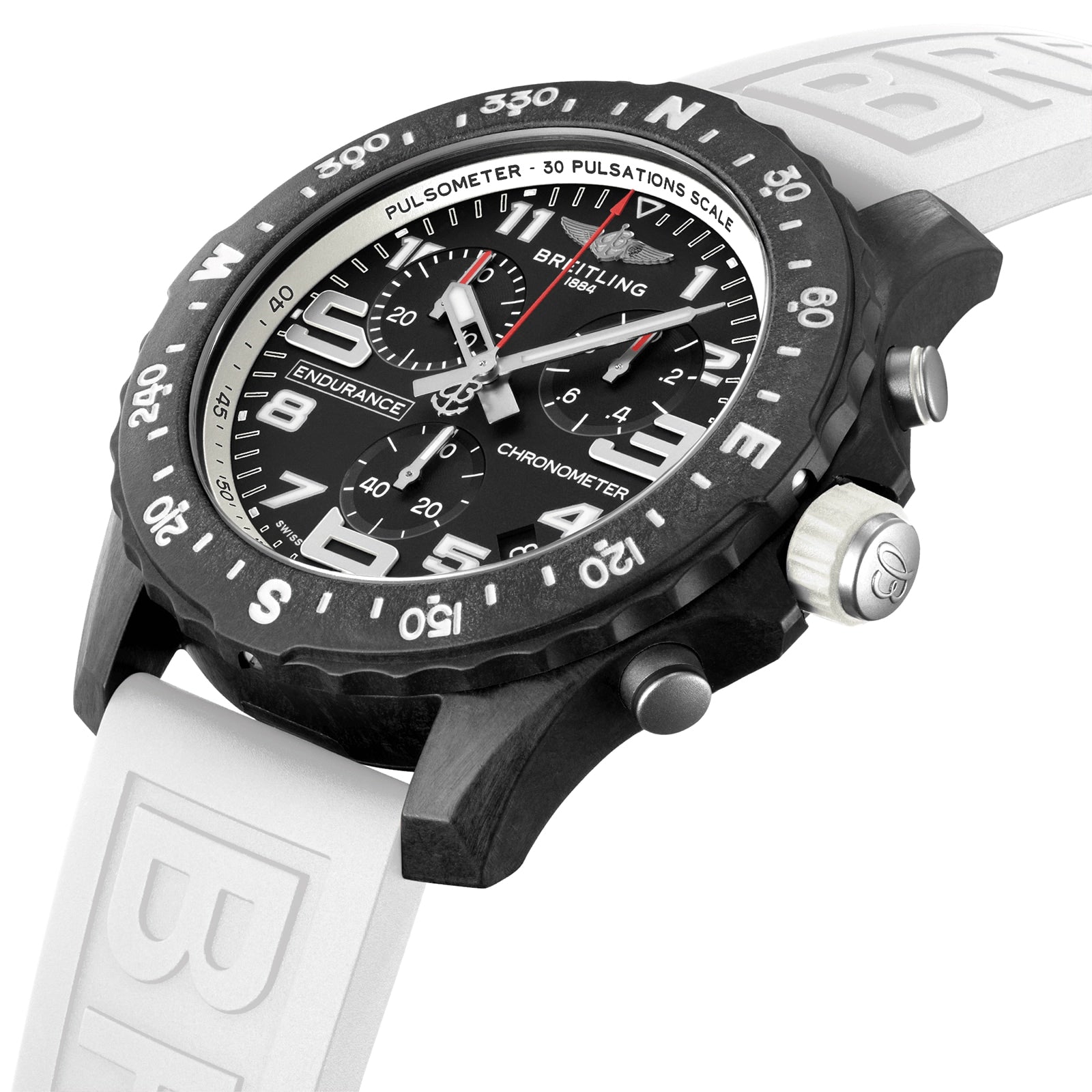 A close-up of the Breitling Endurance Pro 44 athleisure watch in black, featuring a white rubber strap, black bezel, multiple subdials, and powered by a COSC-certified SuperQuartz™ chronograph movement.