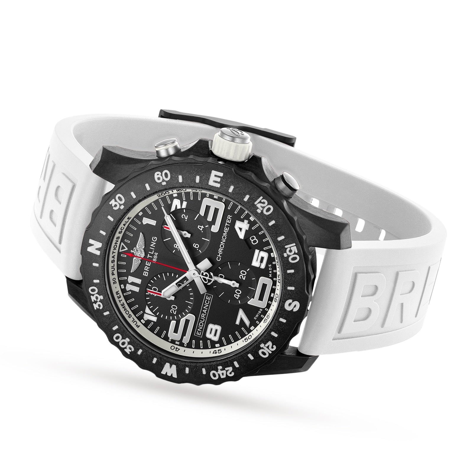 The Breitling Endurance Pro 44 is a black chronograph watch with a large dial, white numerals, and a COSC-certified SuperQuartz™ movement, paired with a white branded rubber strap—ideal for athleisure style.