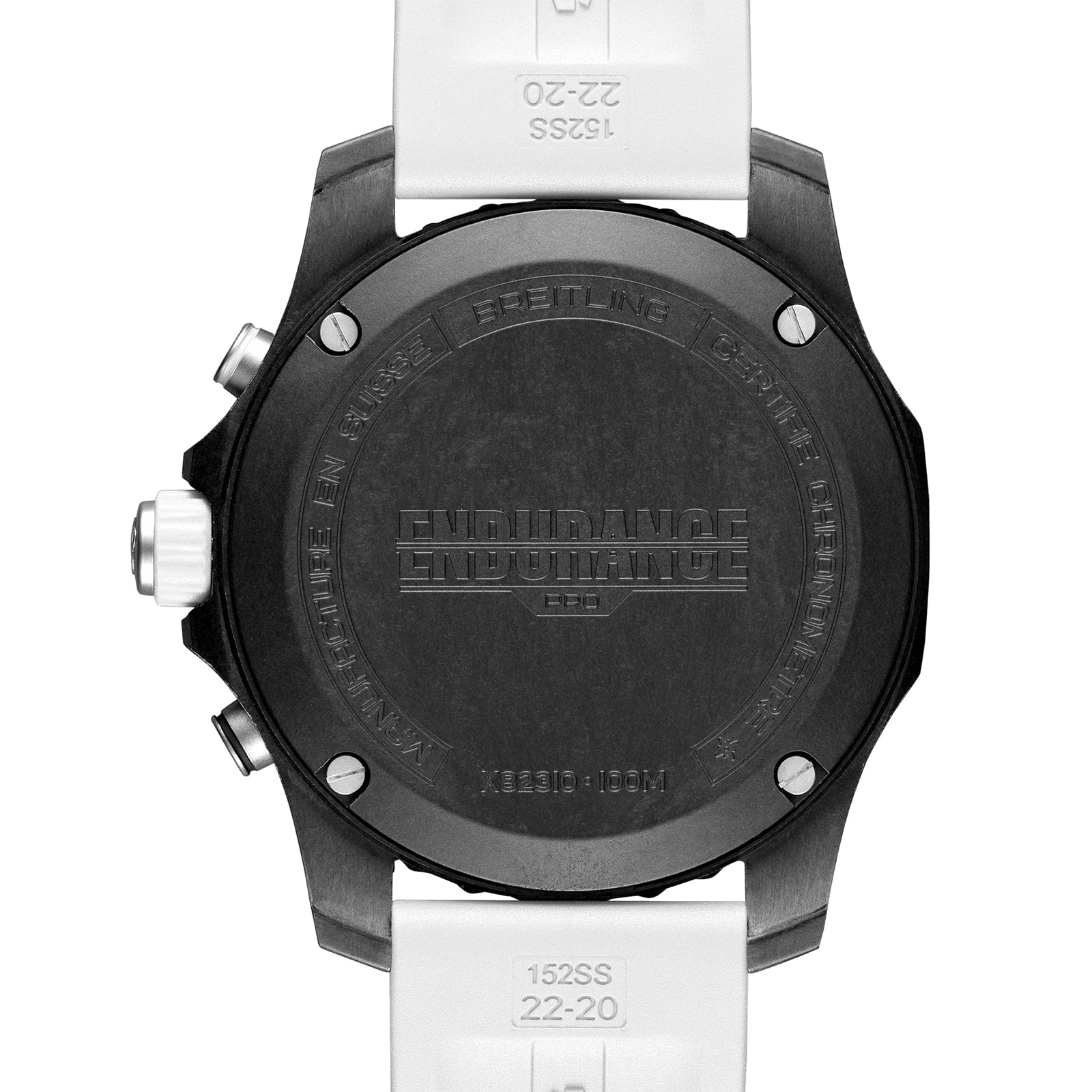 The back of the Breitling Endurance Pro 44, an athleisure watch with a black case and white straps, displays engraved branding, technical details, and its COSC-certified SuperQuartz™ chronograph.