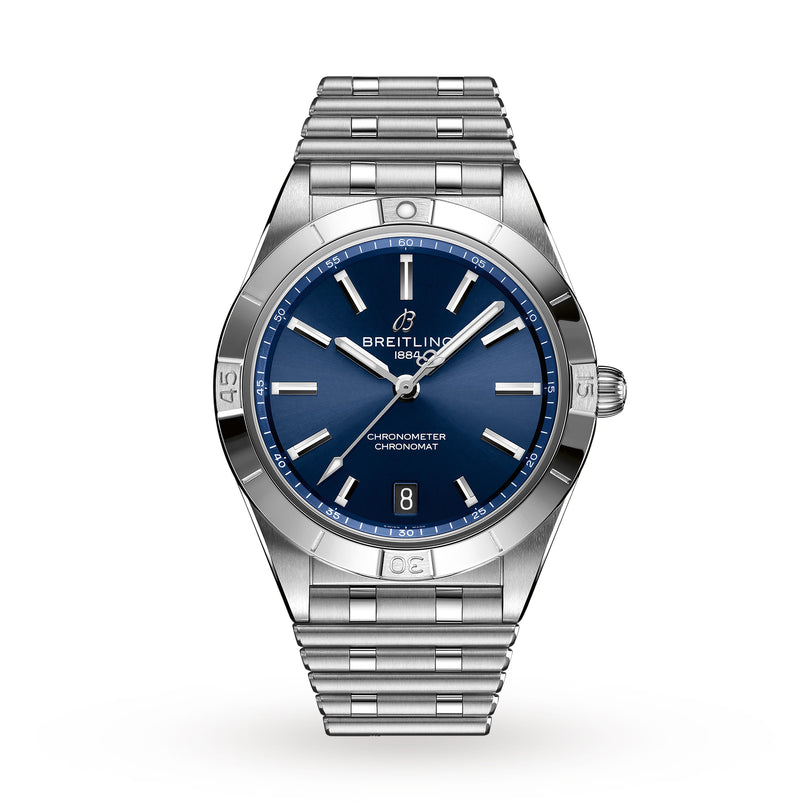 The Breitling Chronomat Automatic 36 is a stainless steel wristwatch featuring a blue dial, silver hour markers, COSC-certified Breitling 10 calibre movement, date at 6 oclock, and metal bracelet, displayed on a plain white background.
