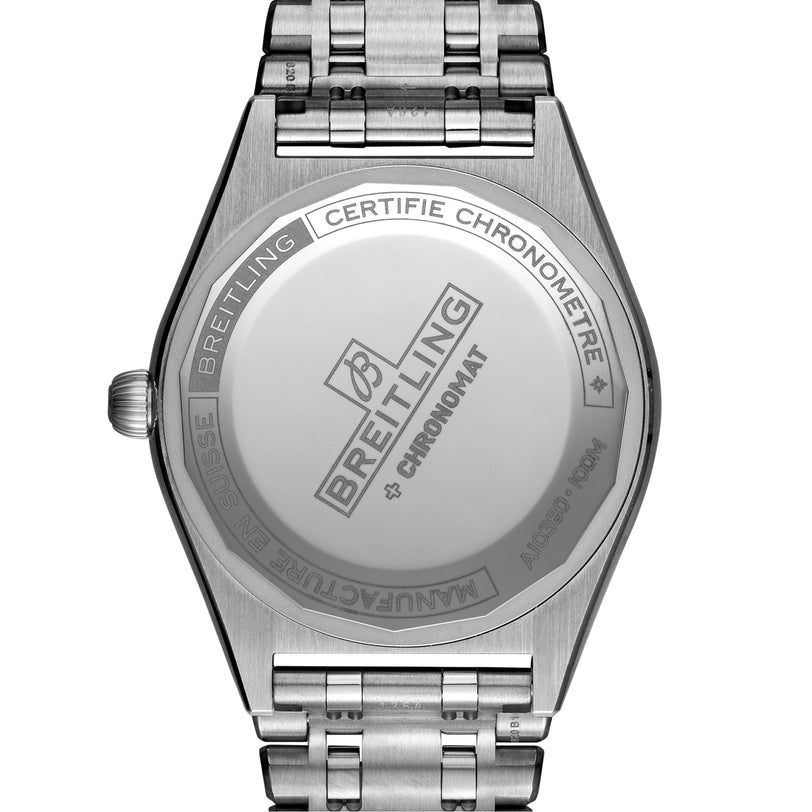 Back view of the Breitling Chronomat Automatic 36 watch featuring engraved branding, model details, and the signature Rouleaux bracelet.