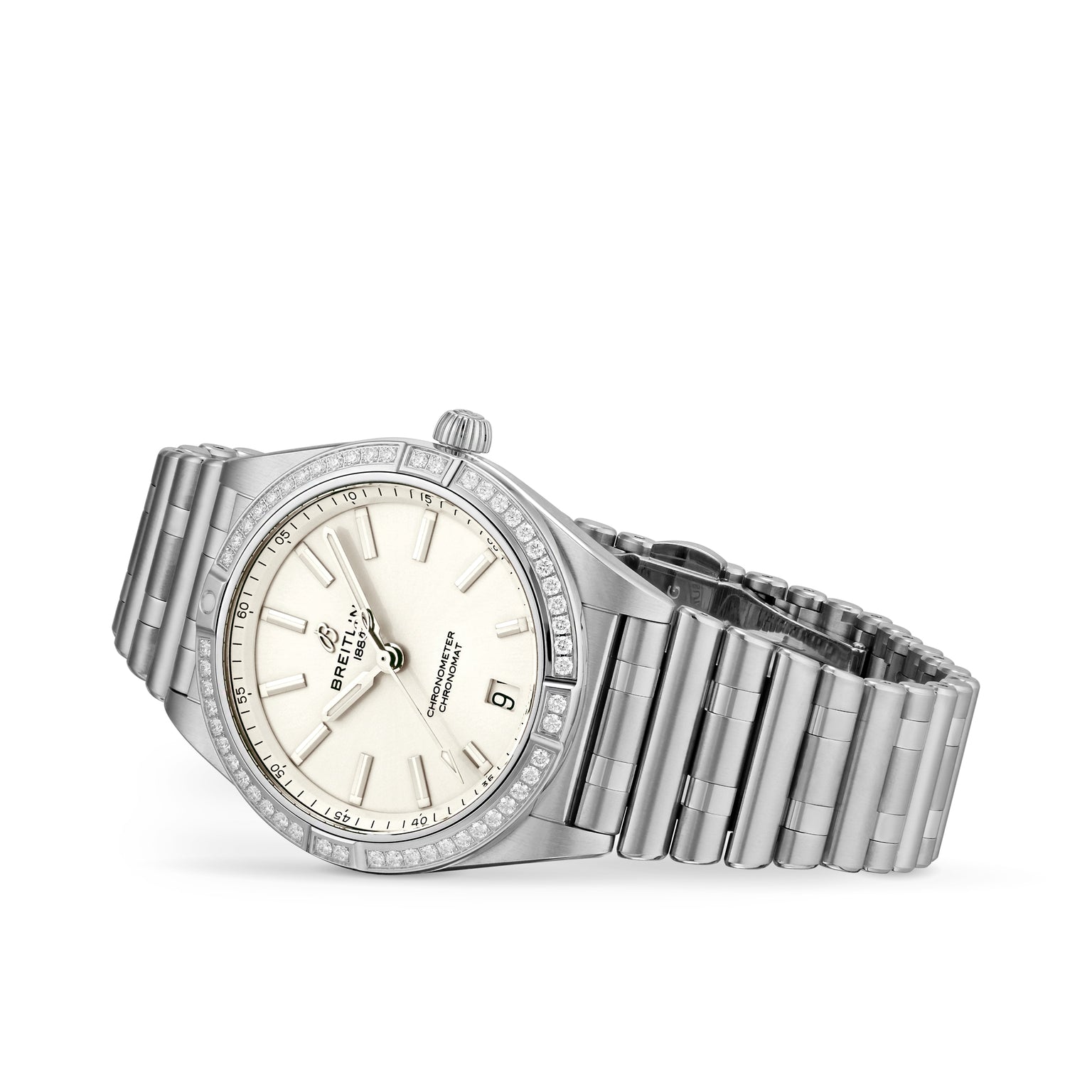 The Breitling Chronomat Automatic 36 features a silver metal Rouleaux bracelet, white dial, date window at 3 o’clock, and a diamond-set bezel.