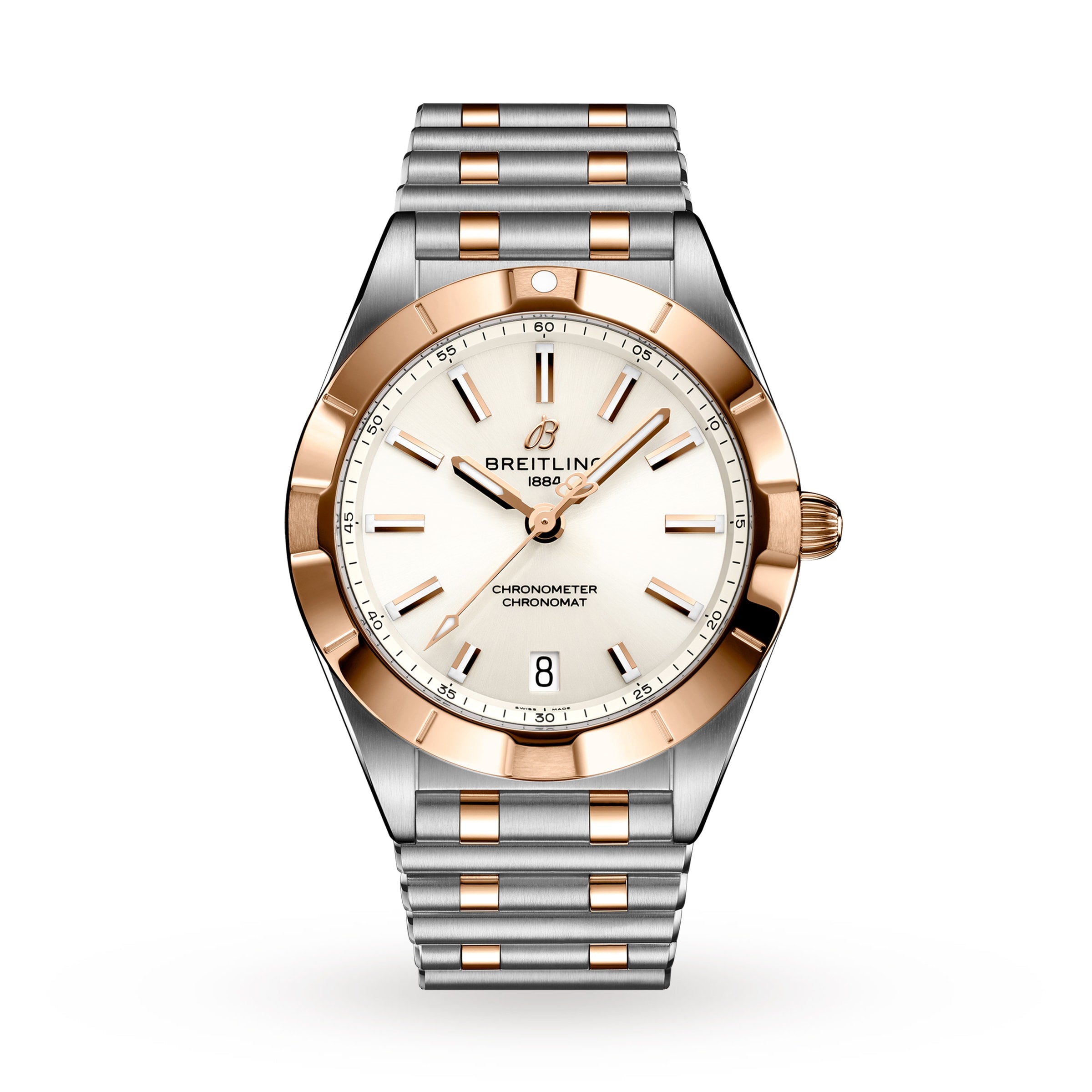The Breitling Chronomat 32 features a silver and gold two-tone metal band, white dial, gold bezel, and date at 6 o’clock. This COSC-certified chronometer is shown against a plain white background.